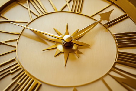 Close up view of a golden clock face featuring decorative elements and sharp hands indicating the hours in an artistic manner.の素材