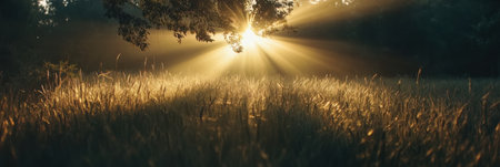 Soft sunlight filters through golden ears of wheat, enhancing the serene atmosphere of a peaceful morning landscape surrounded by nature.の素材