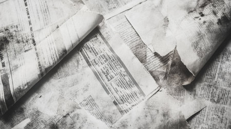 Layers of vintage newspaper clippings overlap with a nostalgic and artistic flair, showcasing faded text and historical content from decades past.の素材