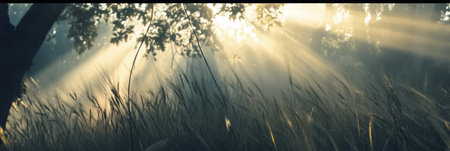 Morning sunlight breaks through the trees, casting golden rays on swaying ears of wheat in tranquil countryside.の素材