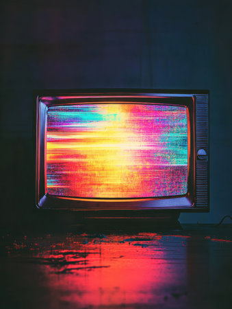 Static noise and colorful glitch patterns fill a retro television screen in a dimly lit room, creating an eye catching visual display.の素材