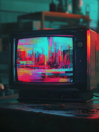A vintage television set showcases vibrant static interference and glitch visuals, creating a nostalgic atmosphere in a retro environment.の素材