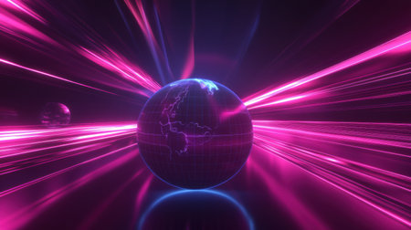 A globe rotates while glowing contour lines radiate bright light, showing geographical features in an engaging digital representation.の素材