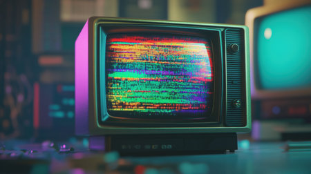 A retro television screen emits colorful glitch patterns and static noise, creating a nostalgic atmosphere in a dimly lit room.の素材
