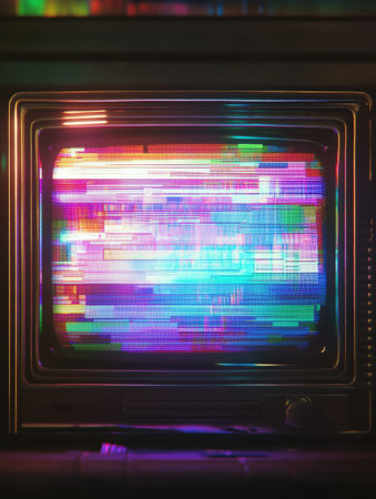 A vintage television screen fills the space with bright static noise and vibrant glitch patterns, creating a nostalgic ambiance.の素材
