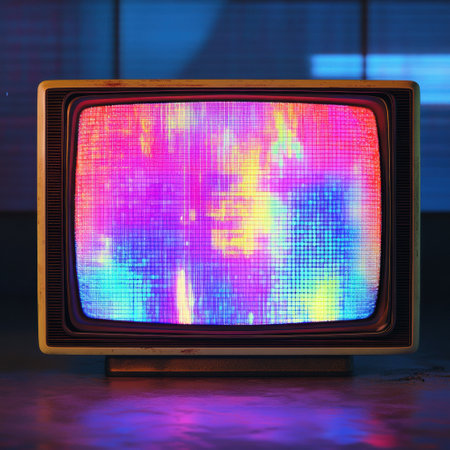 A nostalgic television screen shows vibrant glitch patterns and static noise in a softly illuminated space, capturing a vintage vibe.の素材