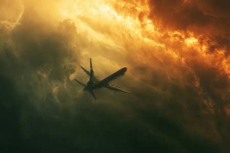 An aircraft flies high in the sky, surrounded by dark clouds illuminated by orange light during sunset, creating a dramatic atmosphere.の素材