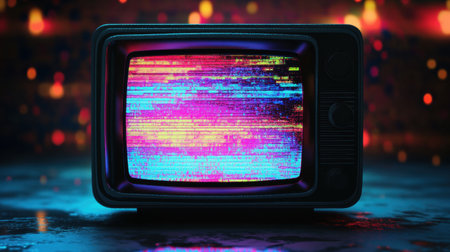 A retro television emits colorful glitch patterns and static noise, creating a nostalgic atmosphere with vibrant hues and a vintage feel.の素材