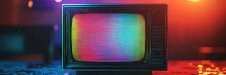 Old fashioned television presents a mesmerizing display of colorful glitch patterns and static noise in a dimly lit environment.の素材