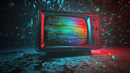 A vintage television screen shows vibrant glitch patterns and static noise, creating an intriguing visual effect in a dimly lit environment.の素材