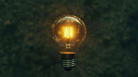 A glowing light bulb illuminates a dark environment, highlighting its intricate filament and vintage design, creating a warm atmosphere.の素材