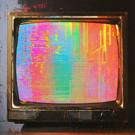A vintage television screen shows vibrant glitch patterns and static noise, evoking nostalgia from past eras of technology.の素材