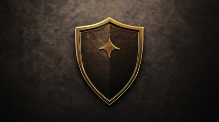Unique shield design featuring a central star emblem against a textured, dark surface ideal for branding or artistic projects.の素材