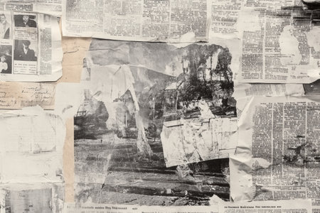 Overlapping vintage newspaper clippings showcasing historical events with faded photographs and articles from a bygone era. Generative AIの素材