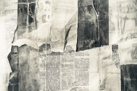 Overlapping vintage newspaper clippings create a textured collage of history and forgotten stories. Generative AIの素材