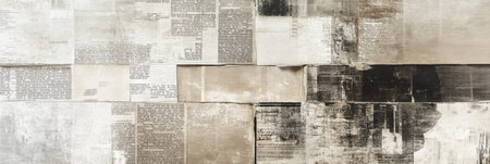 Overlapping vintage newspaper clippings create a textured collage reflecting historical moments and narratives. Generative AIの素材