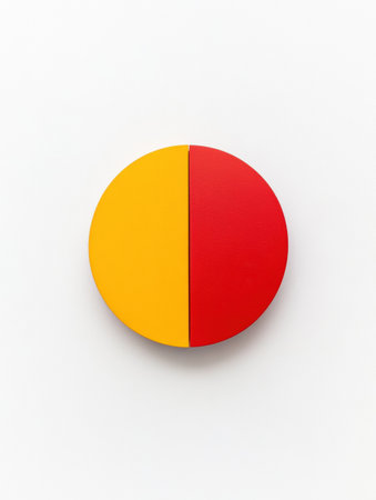 A round object featuring one half in vibrant yellow and the other in rich red is centered on a clean white surface, showing color contrast.の素材