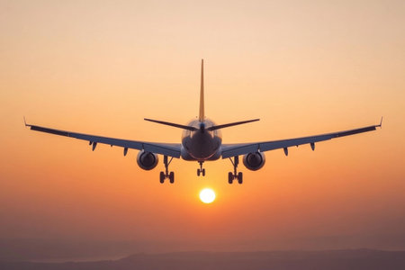Silhouetted against a stunning golden sunset, the airplane glides through the sky, creating a serene moment above the horizon.の素材