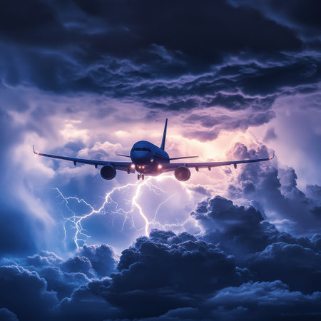 An airplane flies through dark stormy clouds illuminated by bright lightning, showing the challenges of air travel during bad weather.の素材