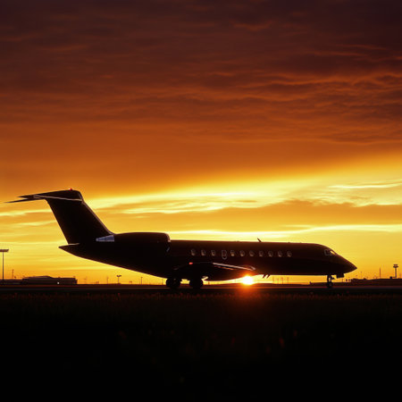 A sleek airplane silhouette stands out against a stunning golden sunset, capturing the beauty of evening flight at dusk.の素材