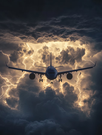 An airplane encounters fierce stormy weather as it flies through dark, ominous clouds illuminated by flashes of lightning during the night.の素材