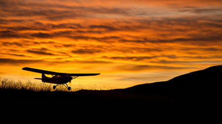 An airplane outline contrasts beautifully with the rich hues of a golden sunset reflecting in the evening sky over the landscape.の素材