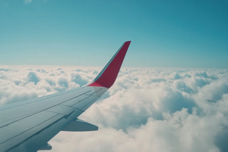 The wing airplane extends over a vast sea of fluffy clouds with a clear blue sky visible in the background, suggesting a pleasant flight experience.の素材