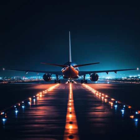 Airplane stands ready for departure on a brightly lit runway, with colorful navigation lights enhancing the nighttime view.の素材