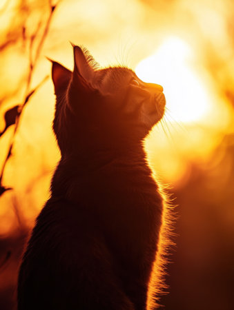 A cat silhouette stands against a glowing golden sunset, capturing a moment of peace and quiet in the early evening light.の素材