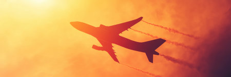 An airplane silhouette glides through a radiant golden sunset, leaving trails in the sky during a tranquil evening flight.の素材