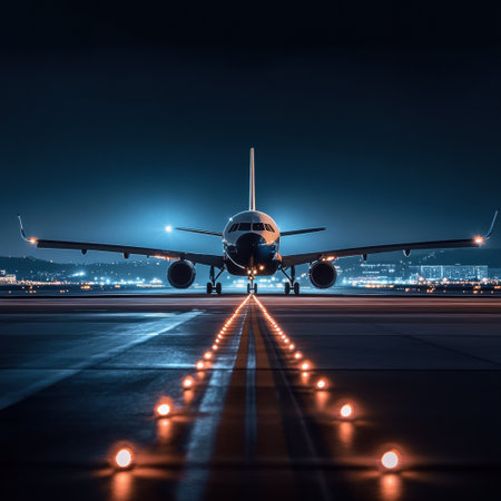 An airplane awaits takeoff on a brightly lit runway at night, enhanced by surrounding navigation lights and city skyline in the background.の素材