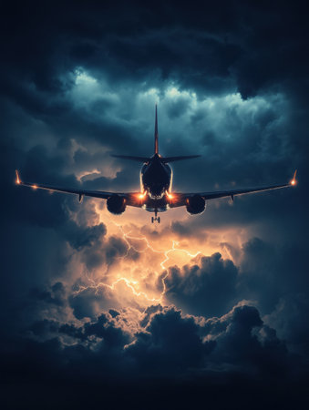 An airplane flies through dark, stormy clouds illuminated by flashes of lightning, showcasing the power of nature at twilight.の素材