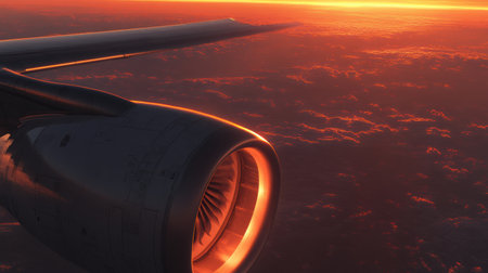 Golden hues reflect off the airplane wing as the sun sets, casting warm light over fluffy clouds below during an evening journey.の素材