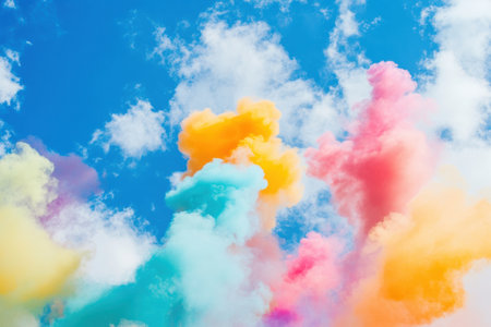 Brightly colored smoke trails fill the clear blue sky as planes execute impressive stunts, captivating spectators below during the daytime.の素材