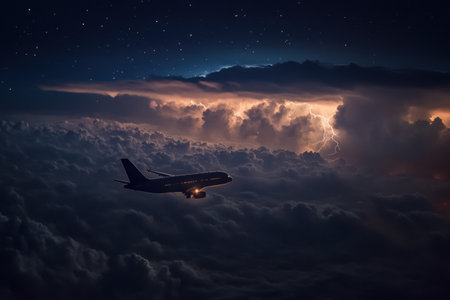 An airplane flies through dark, turbulent clouds as lightning flashes in the distance, showing the power of nature at night.の素材