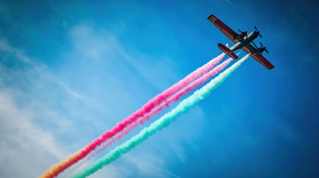 Colorful smoke trails fill the blue sky as airplanes perform thrilling stunts during an aerial display, captivating spectators below.の素材