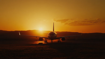 A sleek airplane silhouette stands stark against a vibrant golden sunset with glowing clouds illuminating the surroundings at dusk.の素材