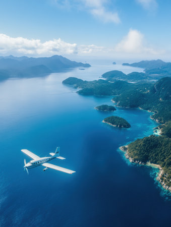 An airplane gracefully glides over a vast blue ocean, revealing small islands beneath a backdrop of distant mountains.の素材