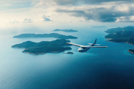 An airplane soars smoothly across a deep blue ocean, revealing small islands below and a serene sky above.の素材