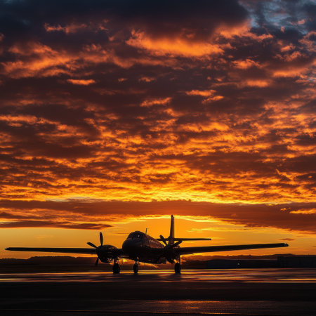 An airplane silhouette is highlighted against a vibrant golden sunset, showing the beauty of evening sky colors and peaceful travel.の素材