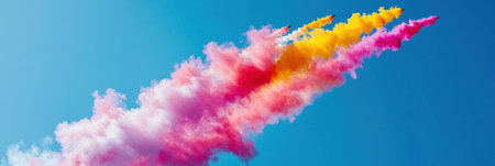 Skilled pilots execute breathtaking aerial maneuvers, creating vibrant smoke trails that paint the sky in bright colors during an airshow.の素材