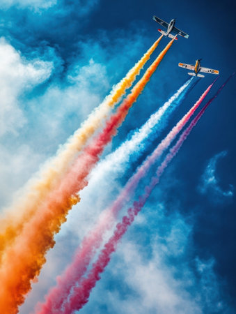 Stunt airplanes create colorful smoke trails of orange, pink, and blue in a bright sky, showing their skills to an excited crowd below.の素材