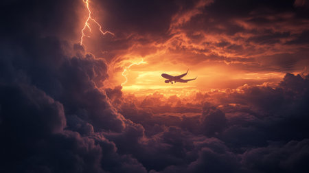 An airplane flies through turbulent stormy clouds as lightning strikes against a vibrant sunset sky, showcasing natures fierce beauty.の素材