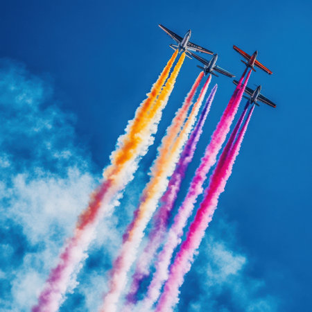 Stunt airplanes perform thrilling maneuvers, creating vibrant smoke trails of yellow, pink, and orange against a clear blue sky.の素材