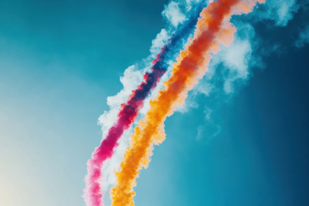Airplanes thrill spectators by executing daring stunts, creating colorful smoke trails in bright hues against a radiant blue sky during the event.の素材
