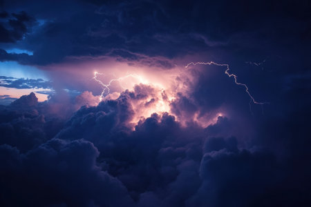An airplane maneuvers through dark clouds illuminated by vivid lightning, showing the turbulence of a stormy weather situation.の素材