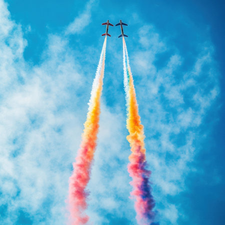 Two airplanes execute acrobatic maneuvers, creating vivid smoke trails in various colors against a clear blue sky during an air performance.の素材