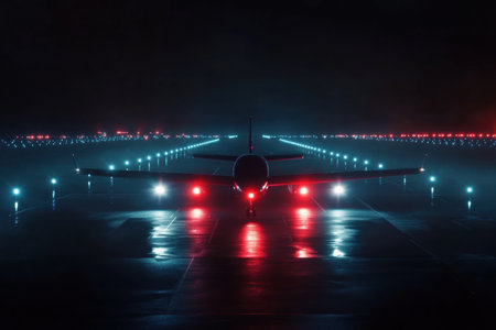 An airplane is ready to takeoff on a runway illuminated by vibrant navigation lights during nighttime conditions.の素材