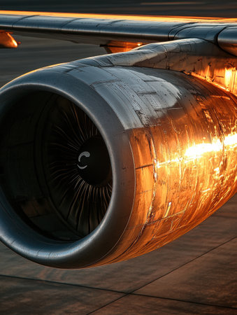 A vibrant sunset casts golden light on the metallic surface of an airplane, highlighting details and creating a stunning view.の素材