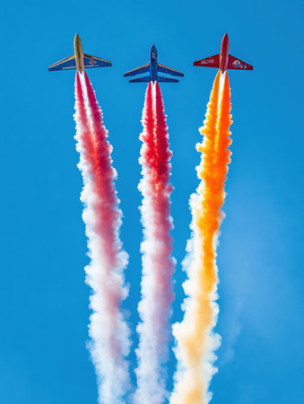Stunt airplanes create vibrant smoke trails in red, yellow, and orange while soaring through a clear blue sky during an aerial display.の素材